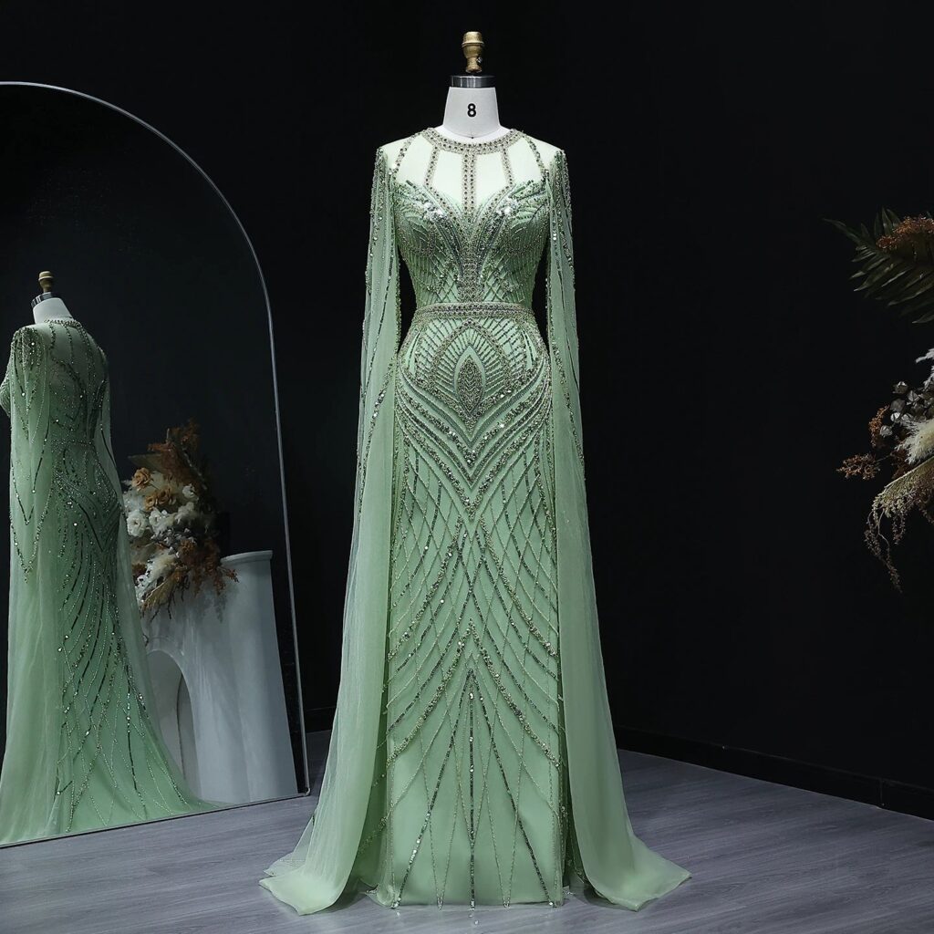 Luxury Green Mermaid Evening Dress with Cape Sleeves Caramel Women Wedding Party Gowns Customized