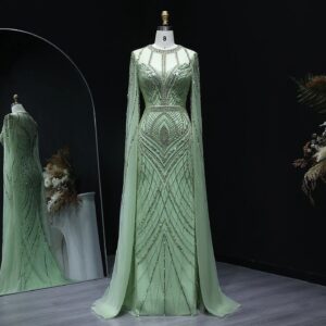 Luxury Green Mermaid Evening Dress with Cape Sleeves Caramel Women Wedding Party Gowns Customized