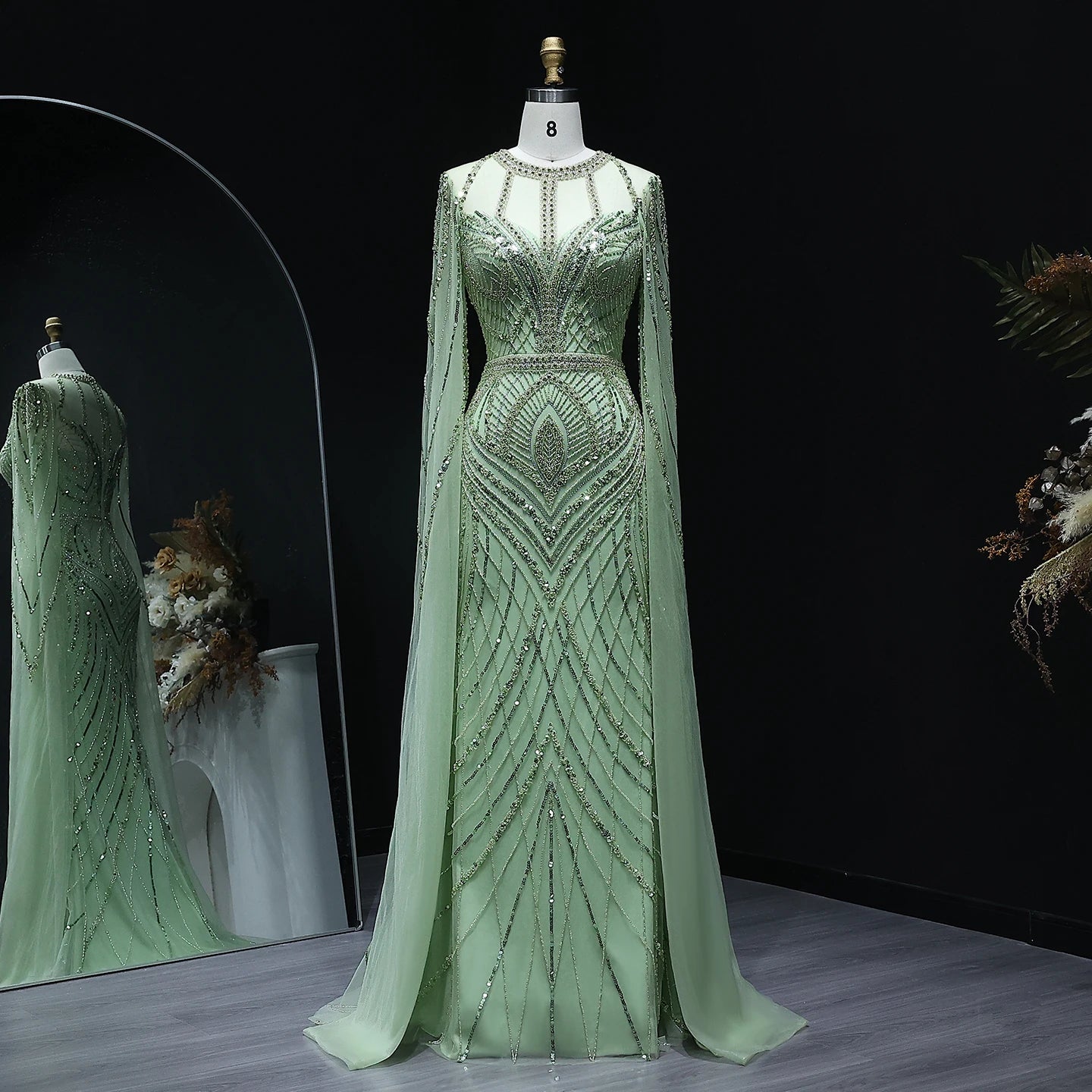 Luxury Green Mermaid Evening Dress with Cape Sleeves Caramel Women Wedding Party Gowns Customized