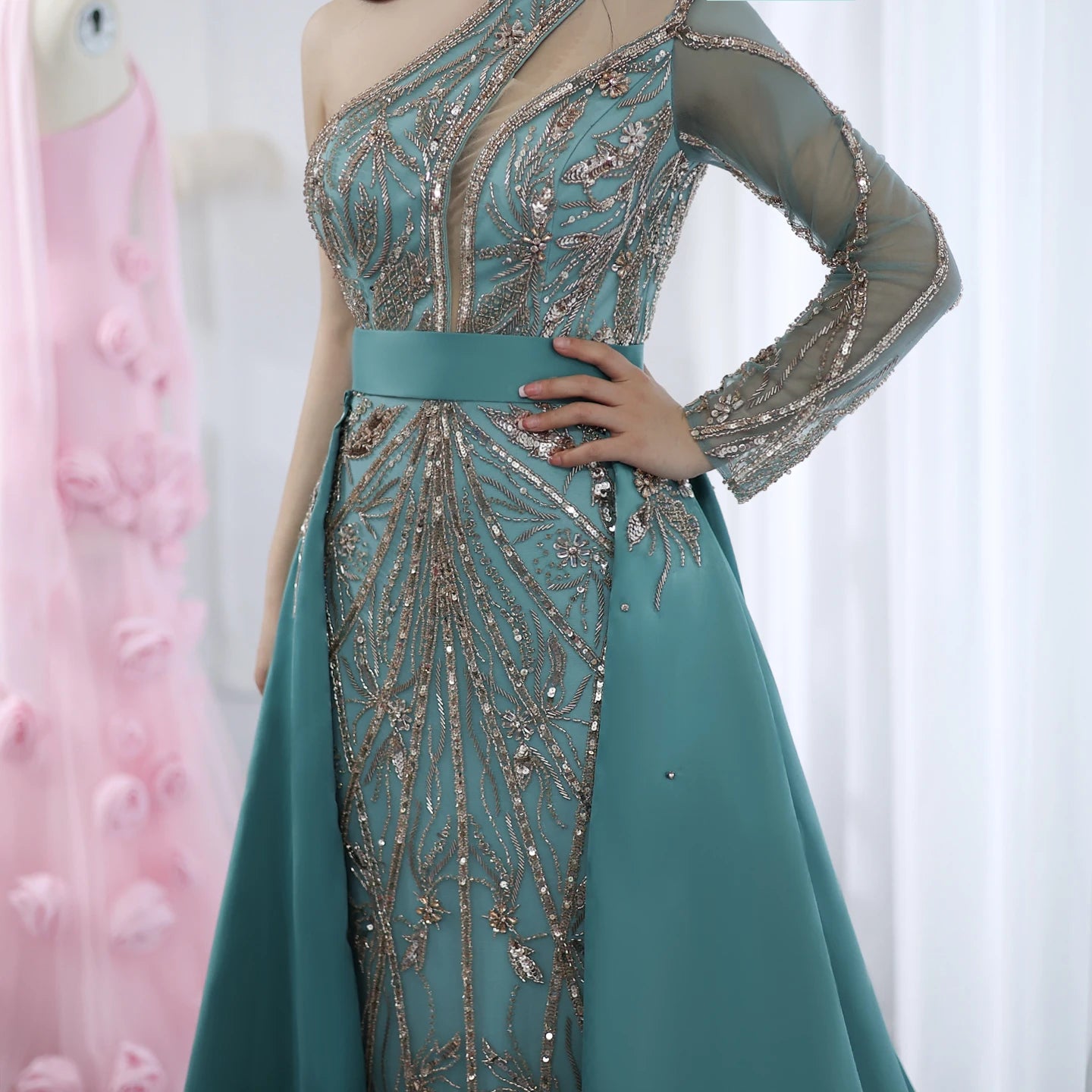 Luxury Beads One Shoulder Turquoise Evening Dress with Overskirt Women Wedding Party Gown - Image 2