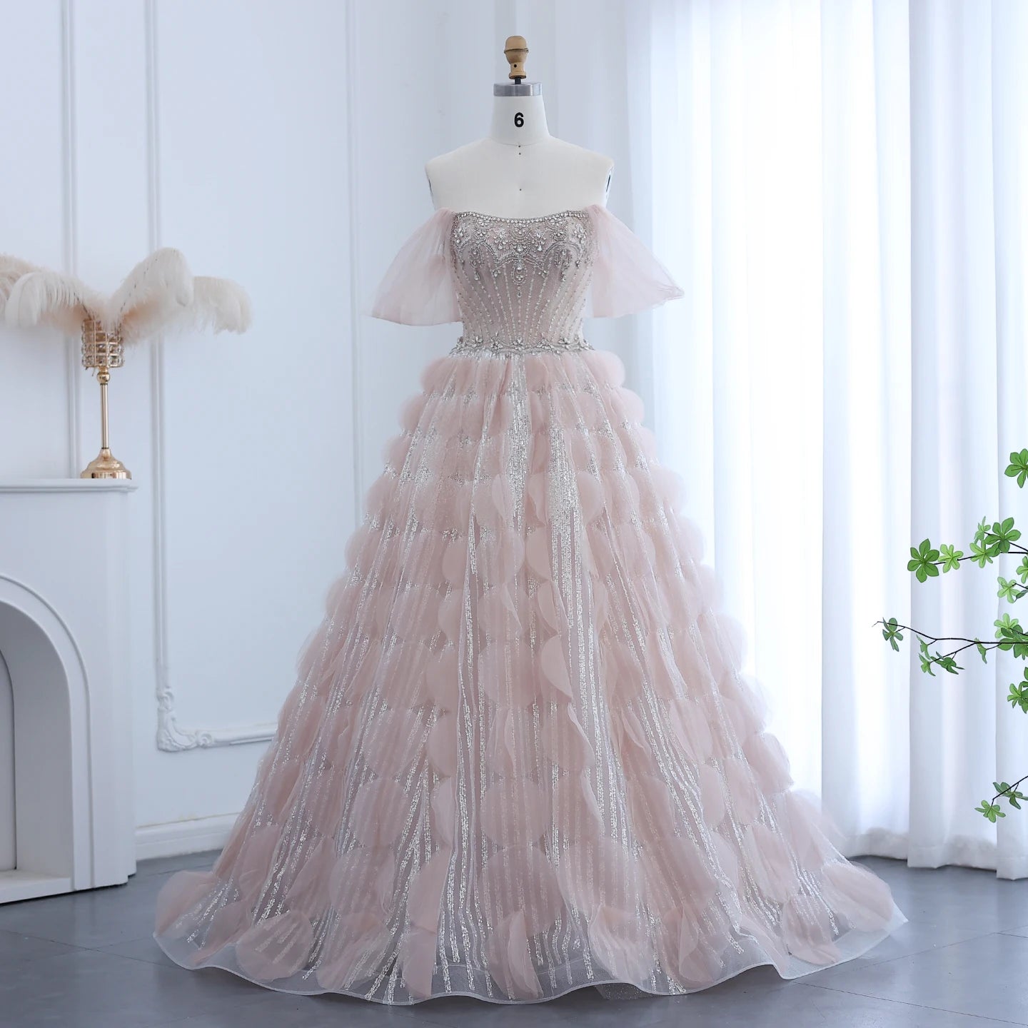 Crystal Princess Ball Gown Blush Pink Ruffles Evening Dress for Women Wedding Engagement Party Dress - Image 2