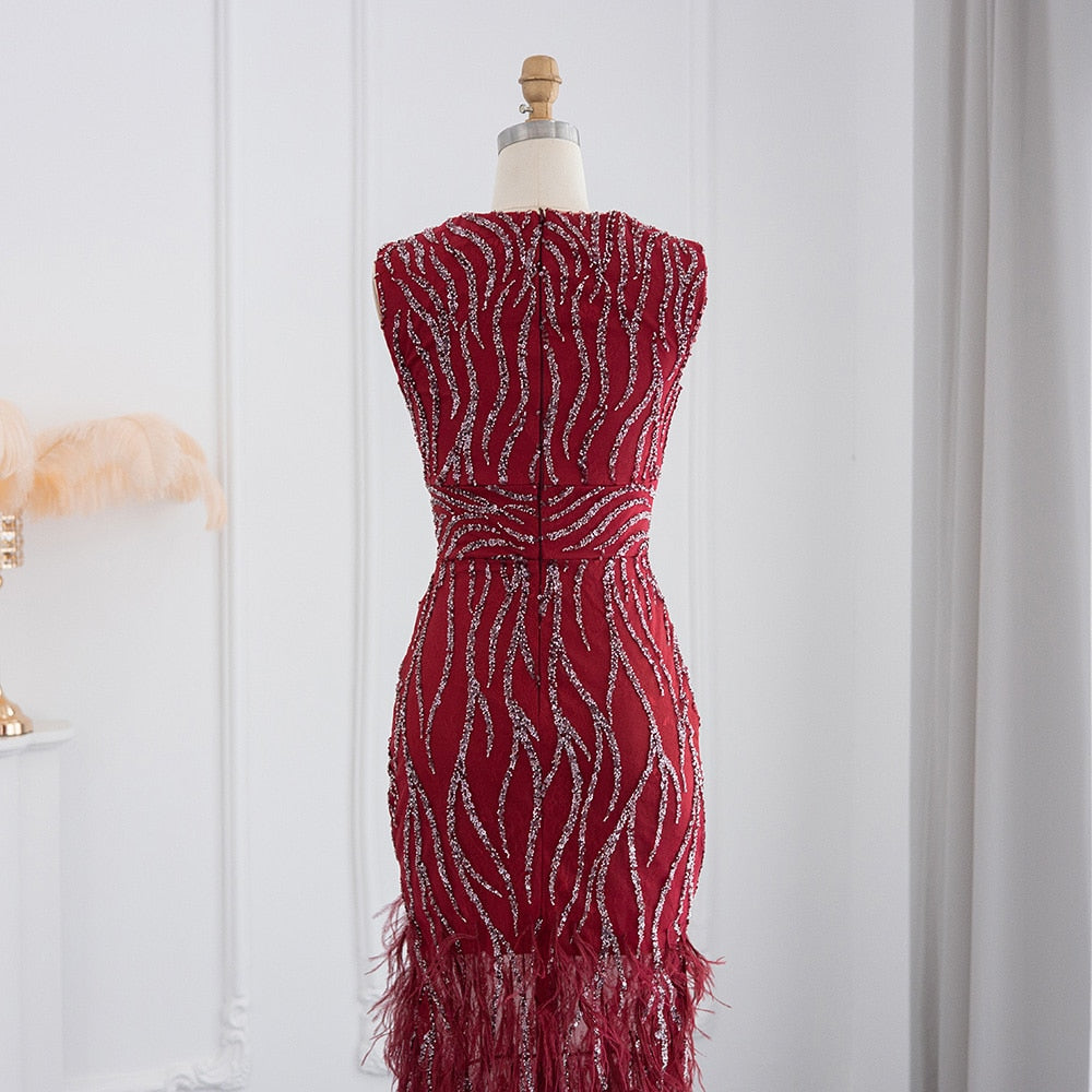 Elegant Lace Midi Evening Dress with Feathers Beading Formal Dresses for Wedding Party - Image 19