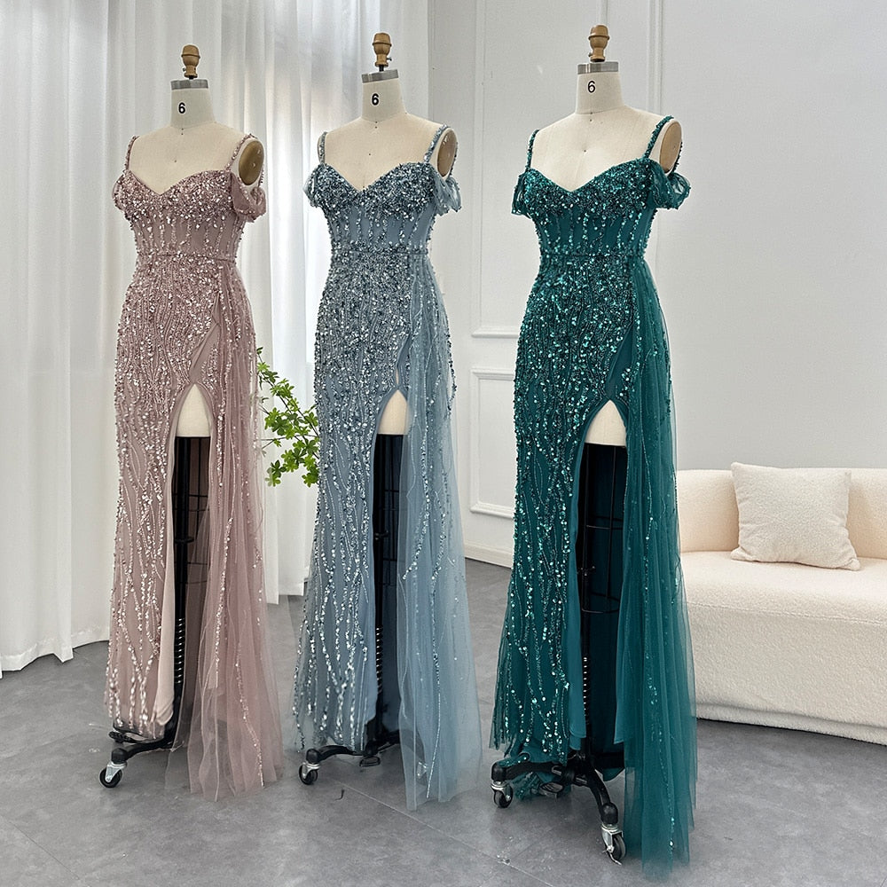 Luxury Emerald Mermaid Spaghetti Straps Evening Dress for Women Wedding Party
