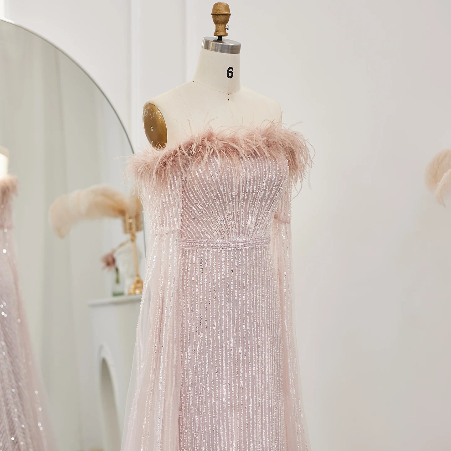 Luxury Feathers Mermaid Sage Green Evening Dresses with Cape Sleeves Pink Yellow Wedding Party Gowns - Image 20