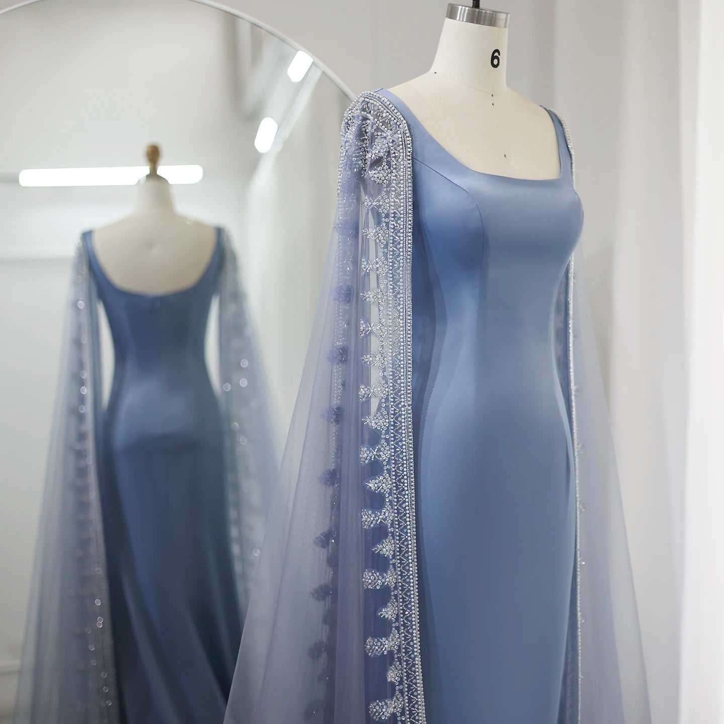 Luxury Blue Mermaid Evening Dresses with Cape Sleeves Sage Green Elegant Women Wedding Party Gowns - Image 5