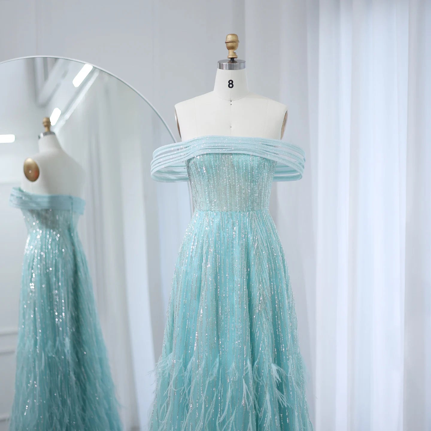 Feathers Aqua Green Luxury Evening Dresses Off Shoulder Prom Party Wedding Dress - Image 6