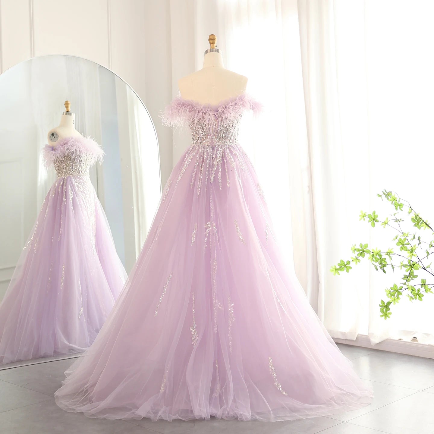 Luxury Feathers Lilac Evening Dress with Overskirt Side Slit Blue Green Women Wedding Party Gowns - Image 11