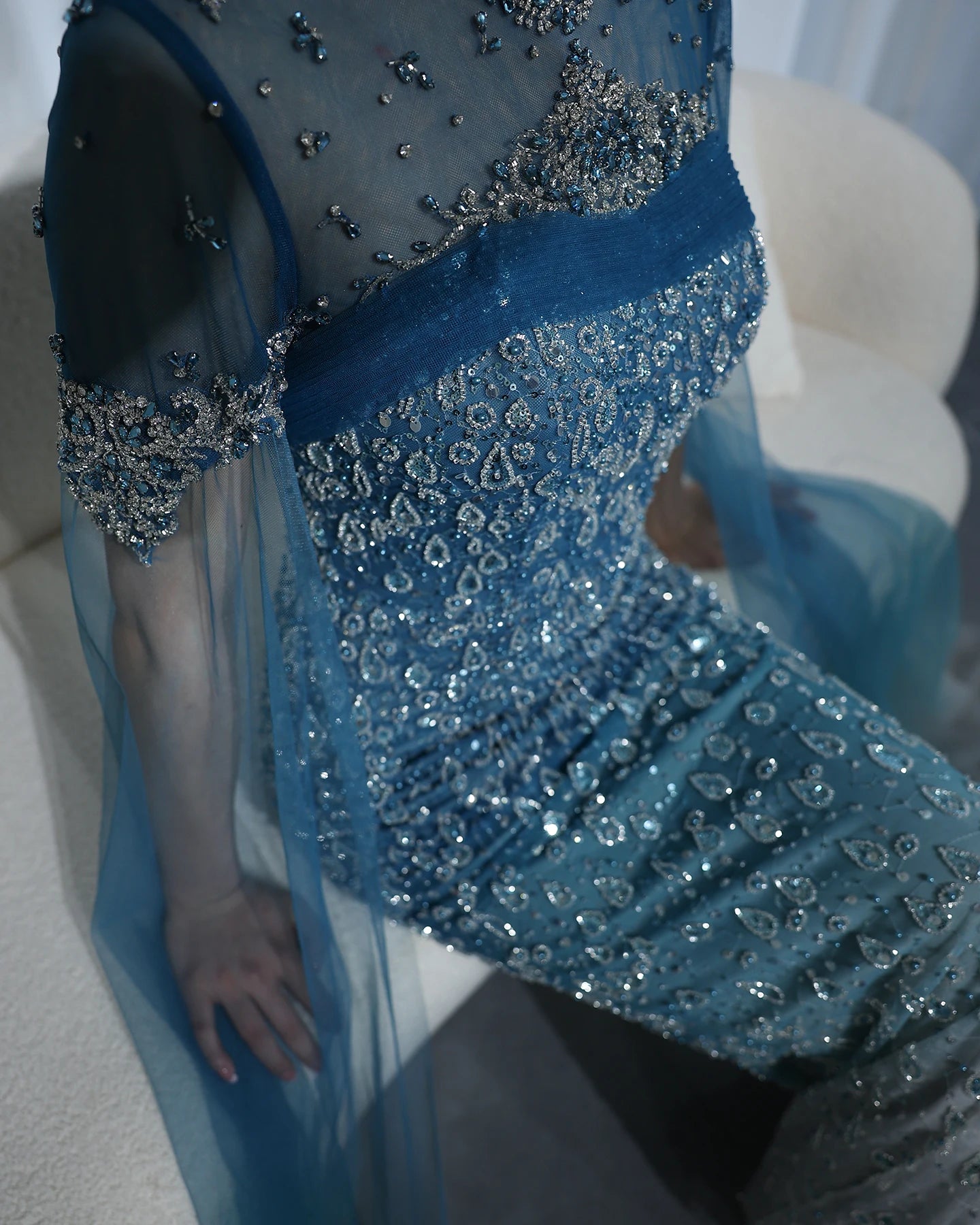 Mermaid Turquoise Crystal Evening Dresses with Cape Sleeves Arabic Women Wedding Party Gowns - Image 14