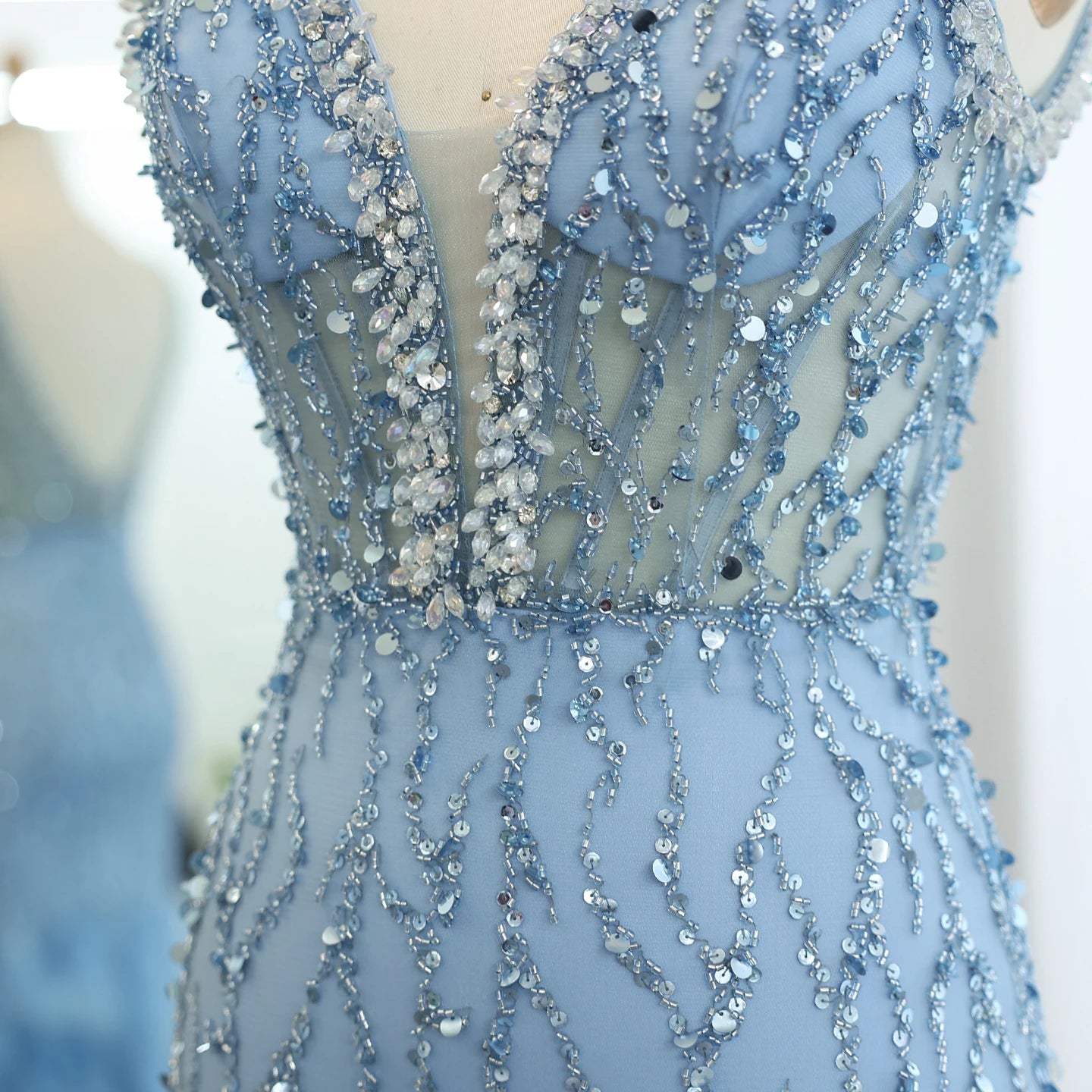 Luxury Feathers Mermaid Evening Dresses for Women Wedding V-Neck Blue Side Slit Long Prom Party Dress - Image 6