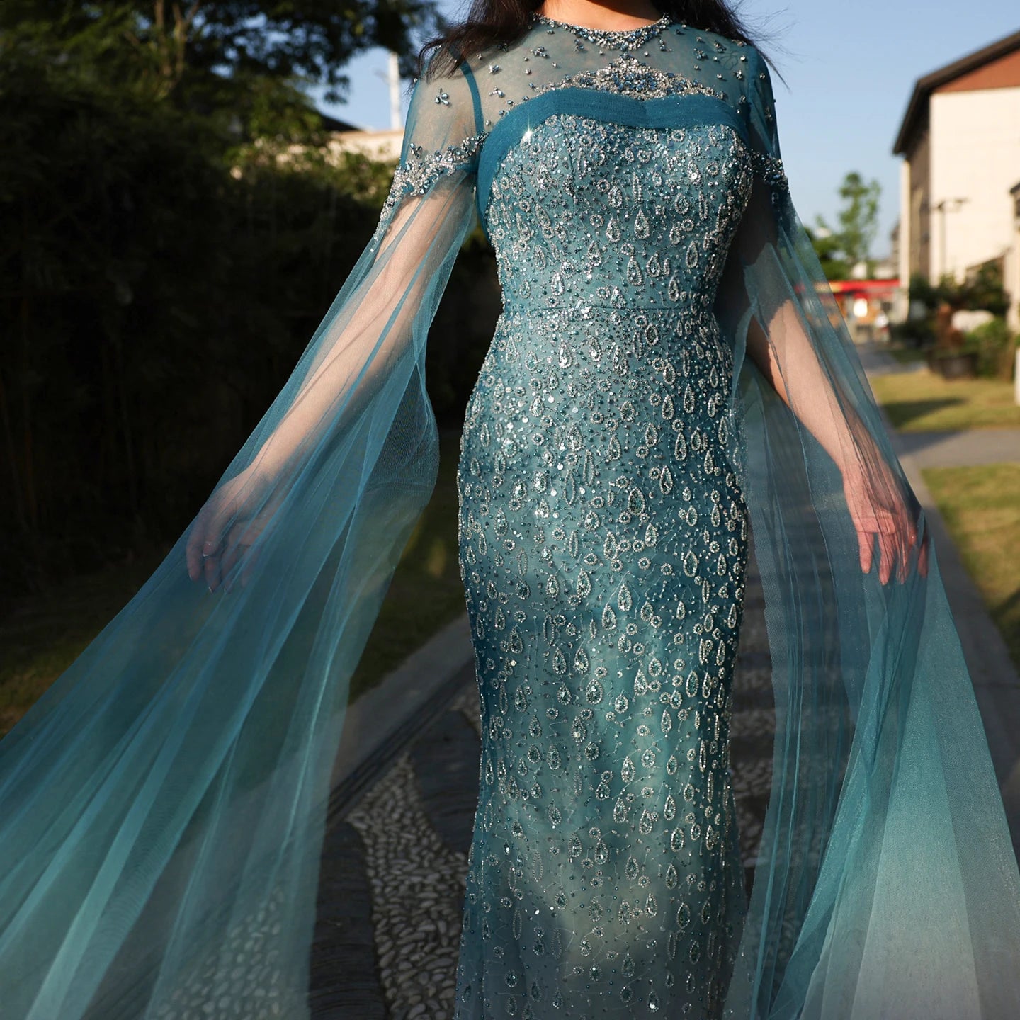 Mermaid Turquoise Crystal Evening Dresses with Cape Sleeves Arabic Women Wedding Party Gowns - Image 9