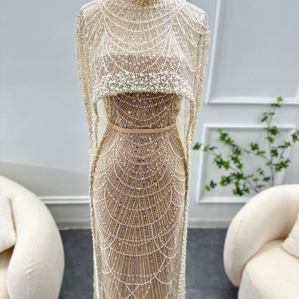 Luxury Pearls Champagne Evening Dresses with Cape Women Mermaid Wedding Party Prom Dress - Image 18