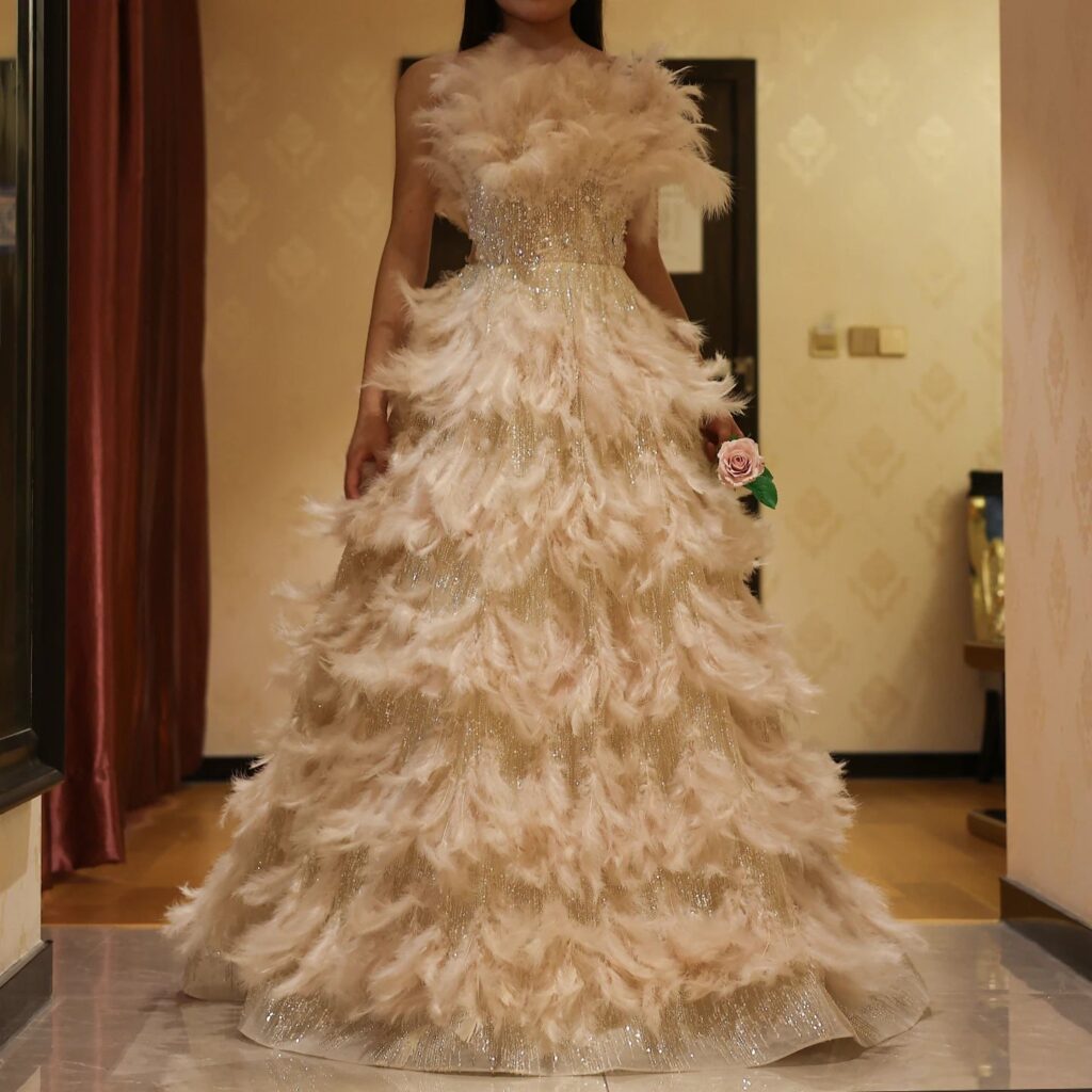 Feathers Princess Crystal Organza Ball Gown Evening Dresses for Women Wedding Engament Party Dress