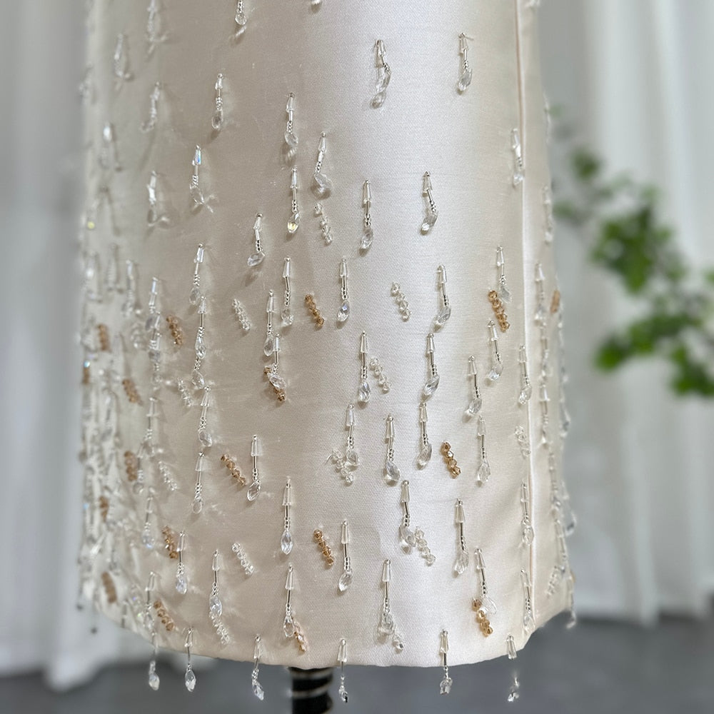 Beige Satin Midi Short Evening Dress Luxury Crystal Tassel Women Wedding Formal Party Gowns - Image 6