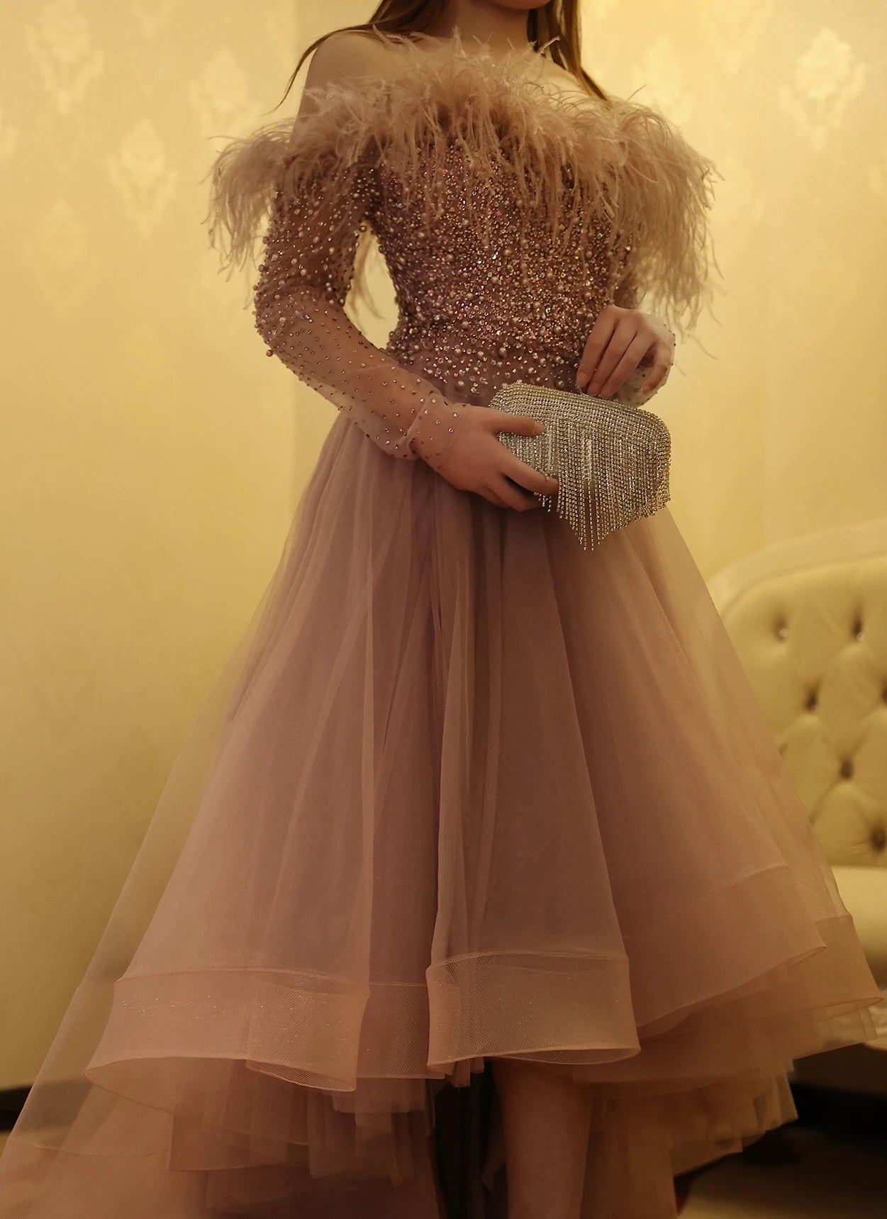 Luxury Feathers Purple High Low Evening Dresses Elegant Off Shoulder Arab Women Wedding Party Prom Dress - Image 21