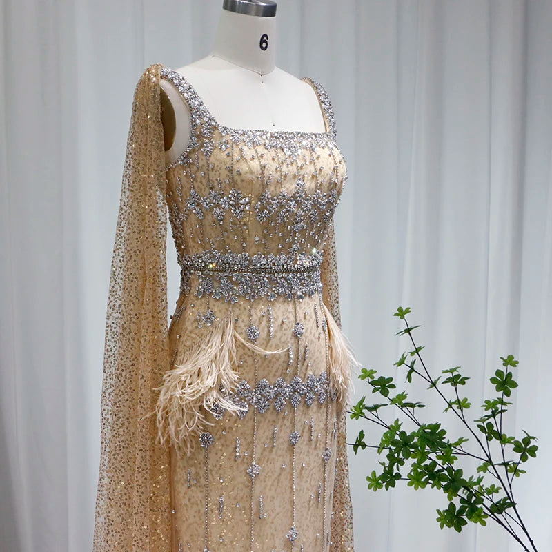 Mermaid Evening Dress with Cape Luxury Feather Formal Dresses for Women Wedding Party - Image 41
