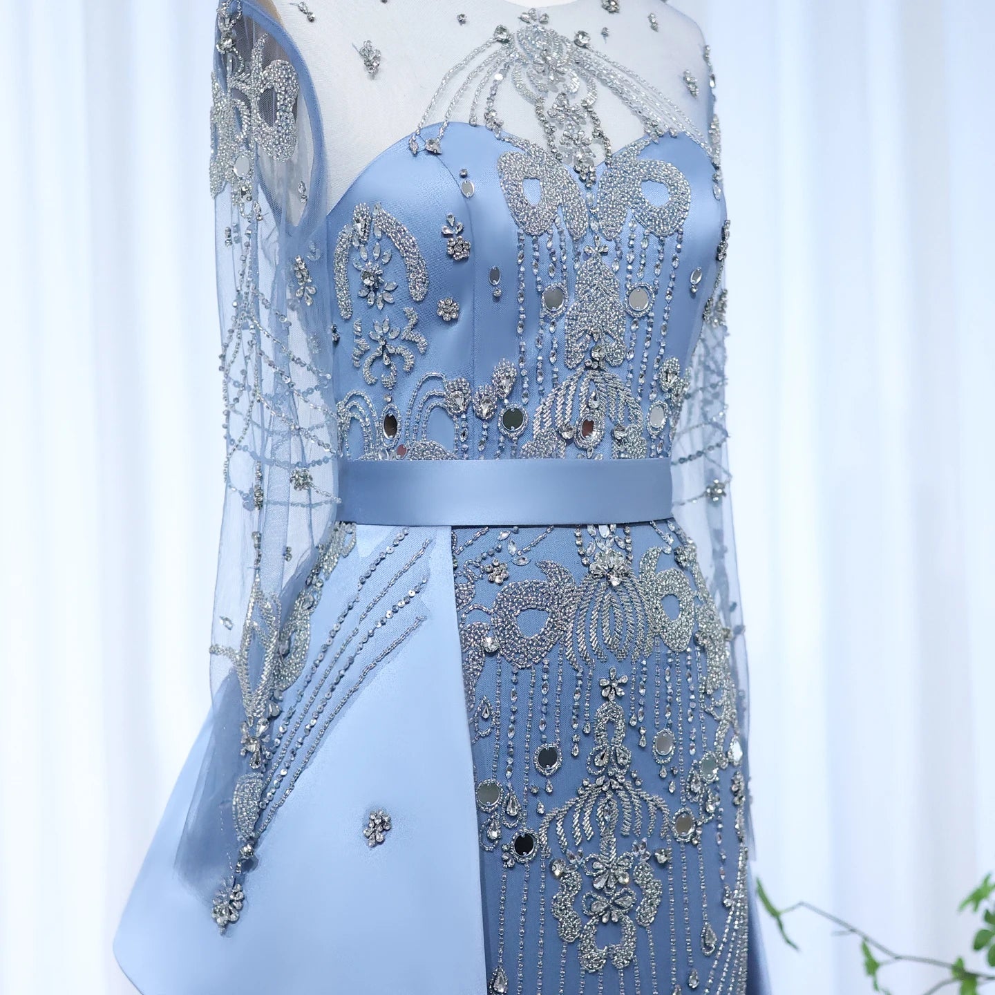 Luxury Beads Blue Long Sleeves Evening Dress with Overskirt Women Party Gowns - Image 4