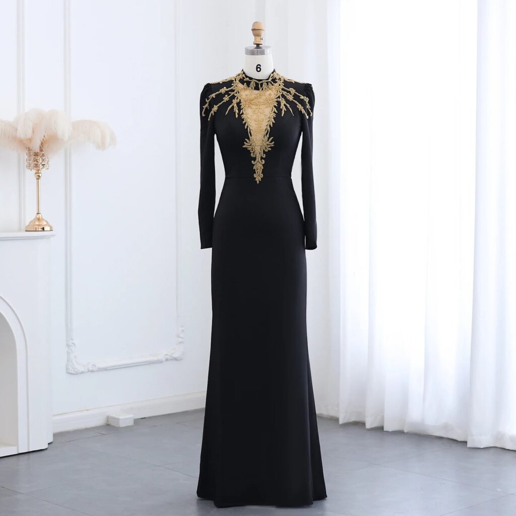 High Neck Long Sleeves Black Evening Dresses Gold Beaded Women Formal Party Gowns