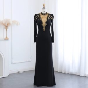 High Neck Long Sleeves Black Evening Dresses Gold Beaded Women Formal Party Gowns