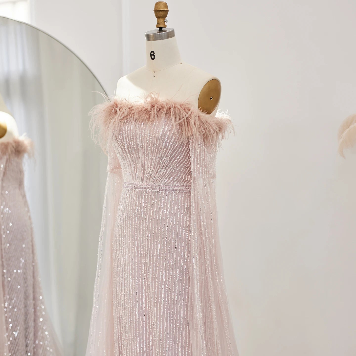 Luxury Feathers Mermaid Sage Green Evening Dresses with Cape Sleeves Pink Yellow Wedding Party Gowns - Image 19