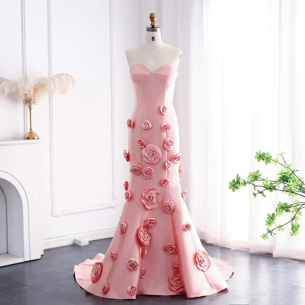 Pink 3D Flowers Sweetheart Mermaid Evening Dress For Women Wedding Long Formal Party Gowns