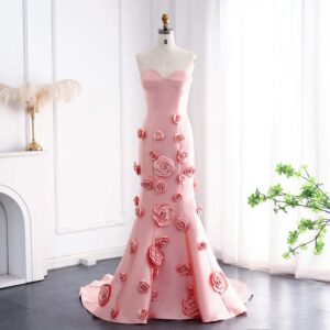 Pink 3D Flowers Sweetheart Mermaid Evening Dress For Women Wedding Long Formal Party Gowns