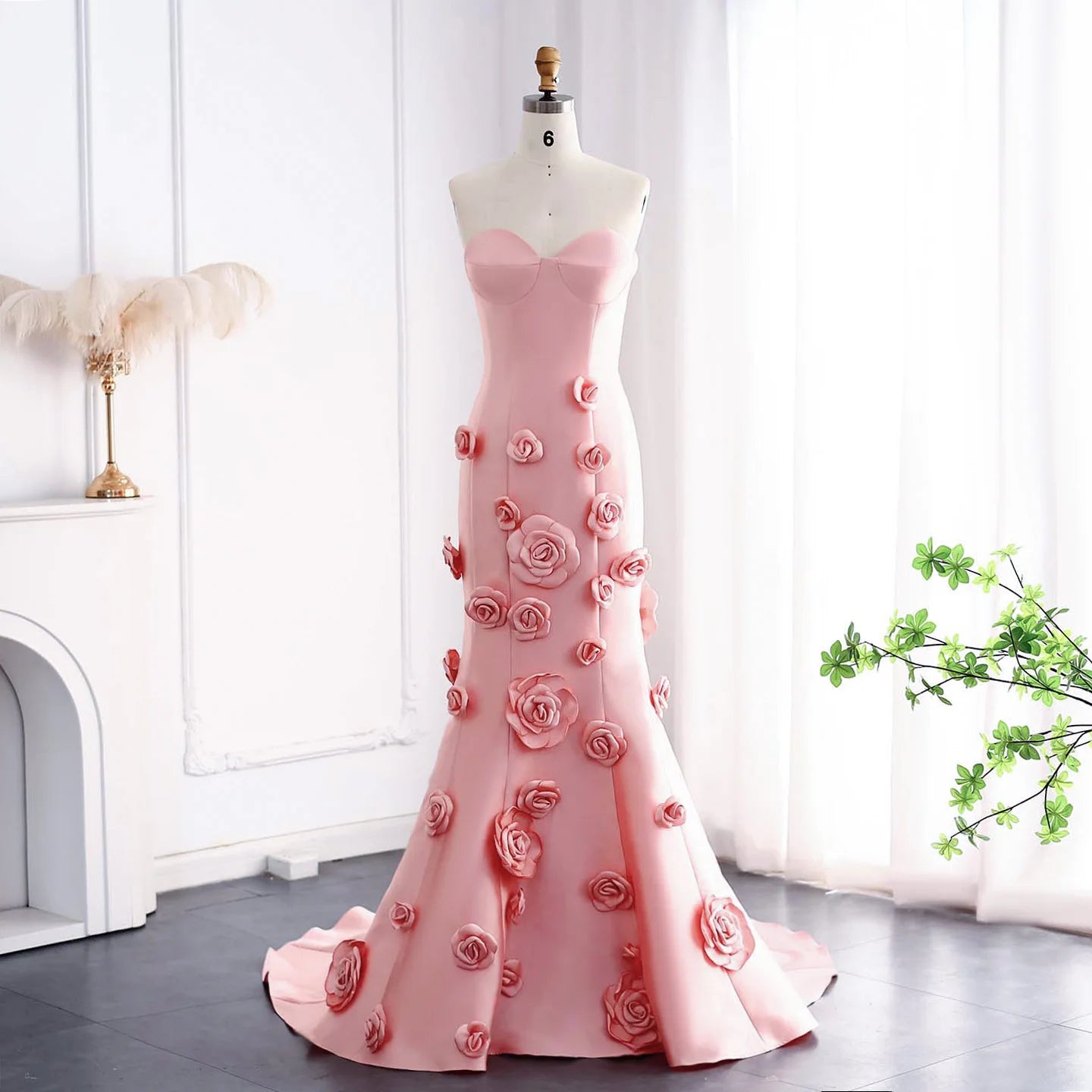 Pink 3D Flowers Sweetheart Mermaid Evening Dress For Women Wedding Long Formal Party Gowns
