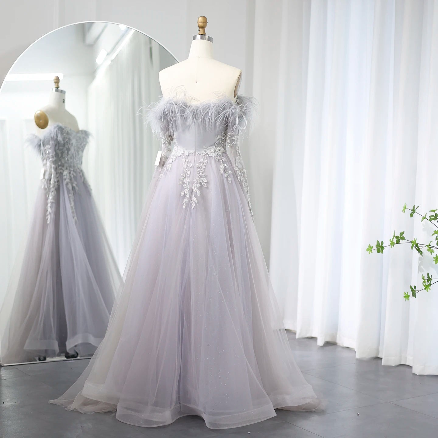 Luxury Feathers Gray Purple Evening Dress with Cape Sleeve Elegant Off Shoulder Lilac Wedding Party Gown - Image 15