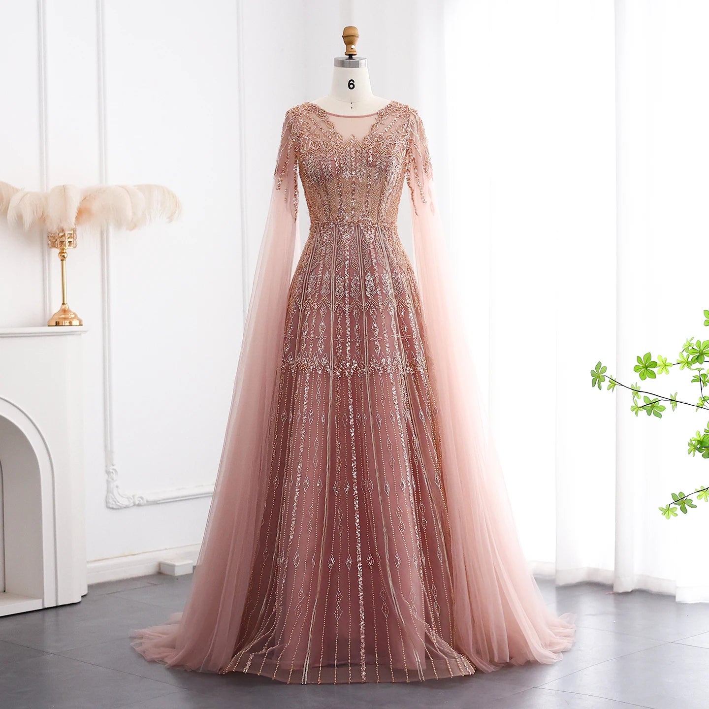 Blue Luxury Evening Dress with Cape Sleeves Brown Pink Wedding Formal Party Gowns - Image 3
