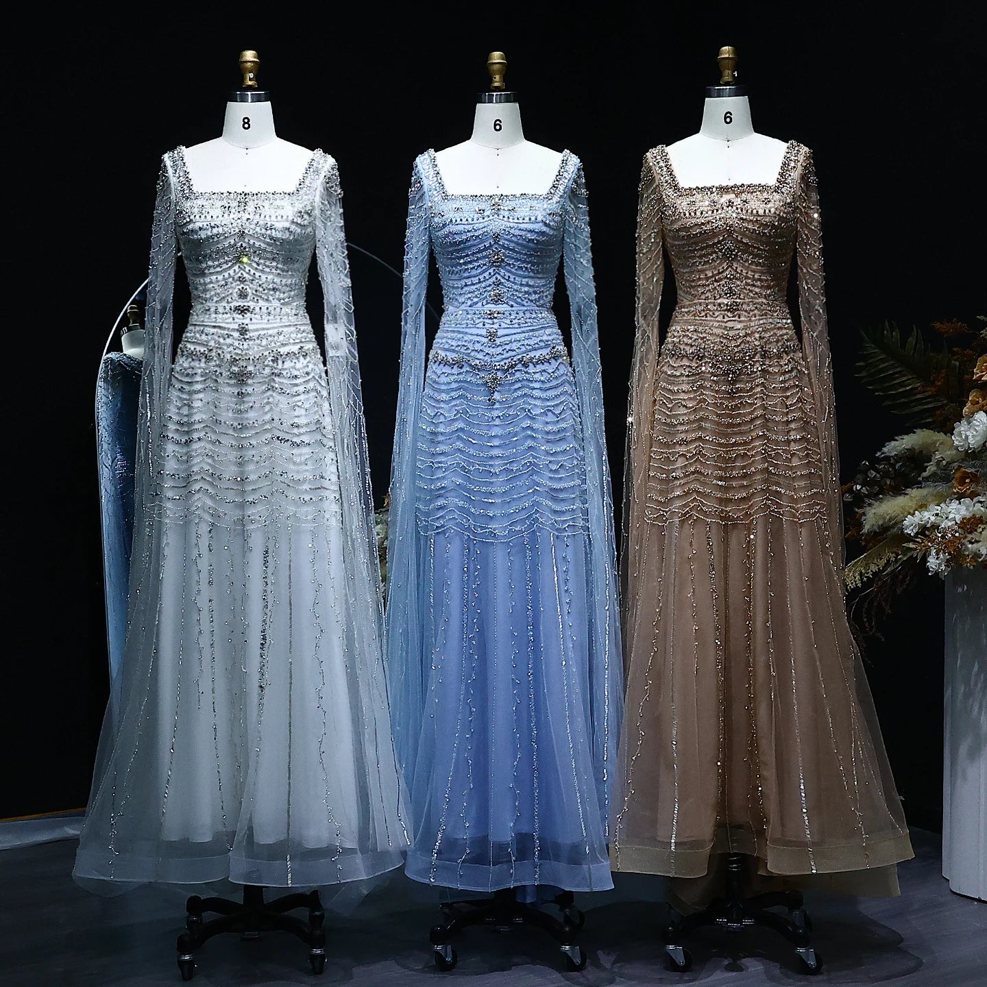 Luxury Nude Evening Dress with Cape Sleeves Blue White Women Wedding Party Gowns - Image 4