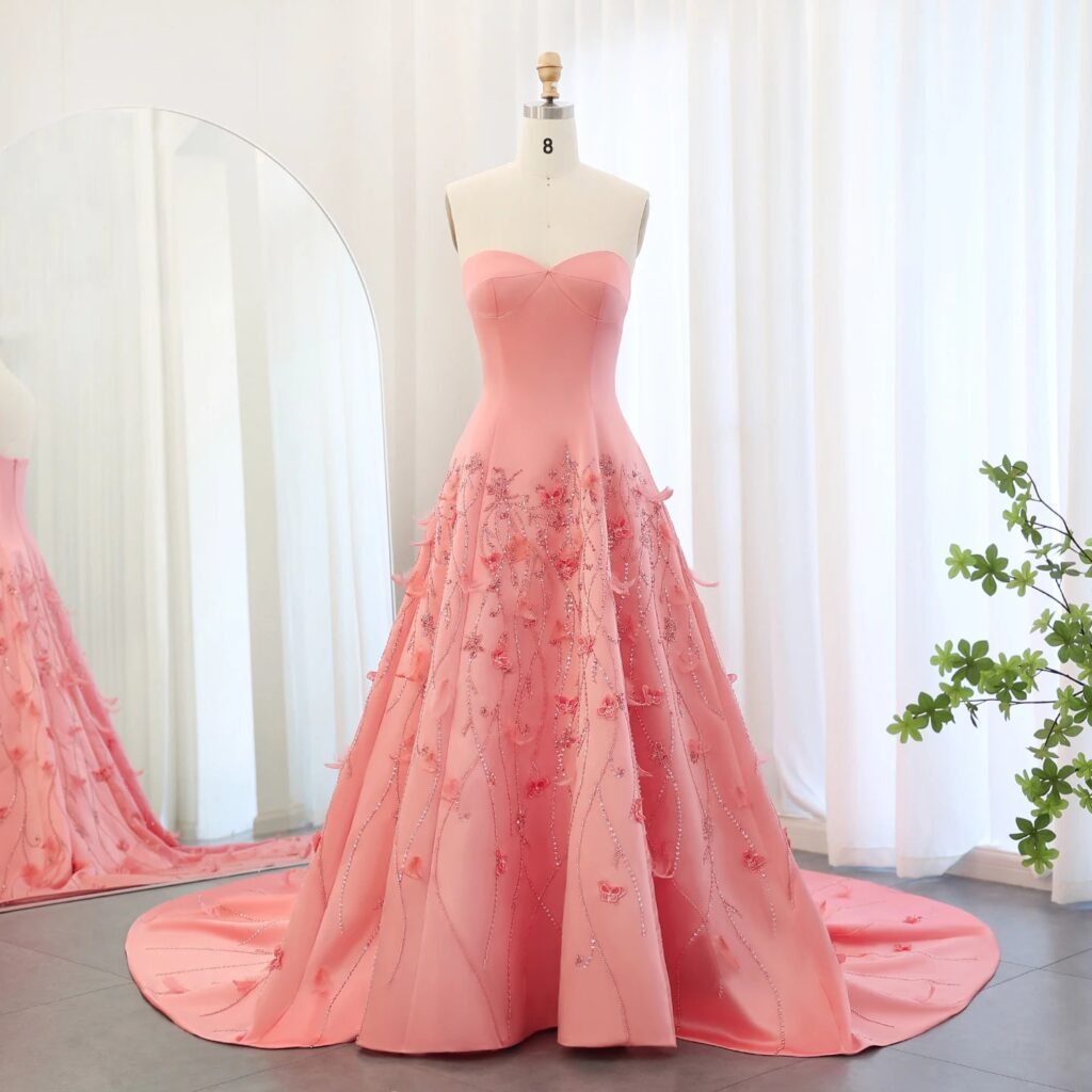 Luxury Feathers Coral Pink Evening Dresses 3D Flowers Sweetheart Long Women Wedding Formal Party Dress