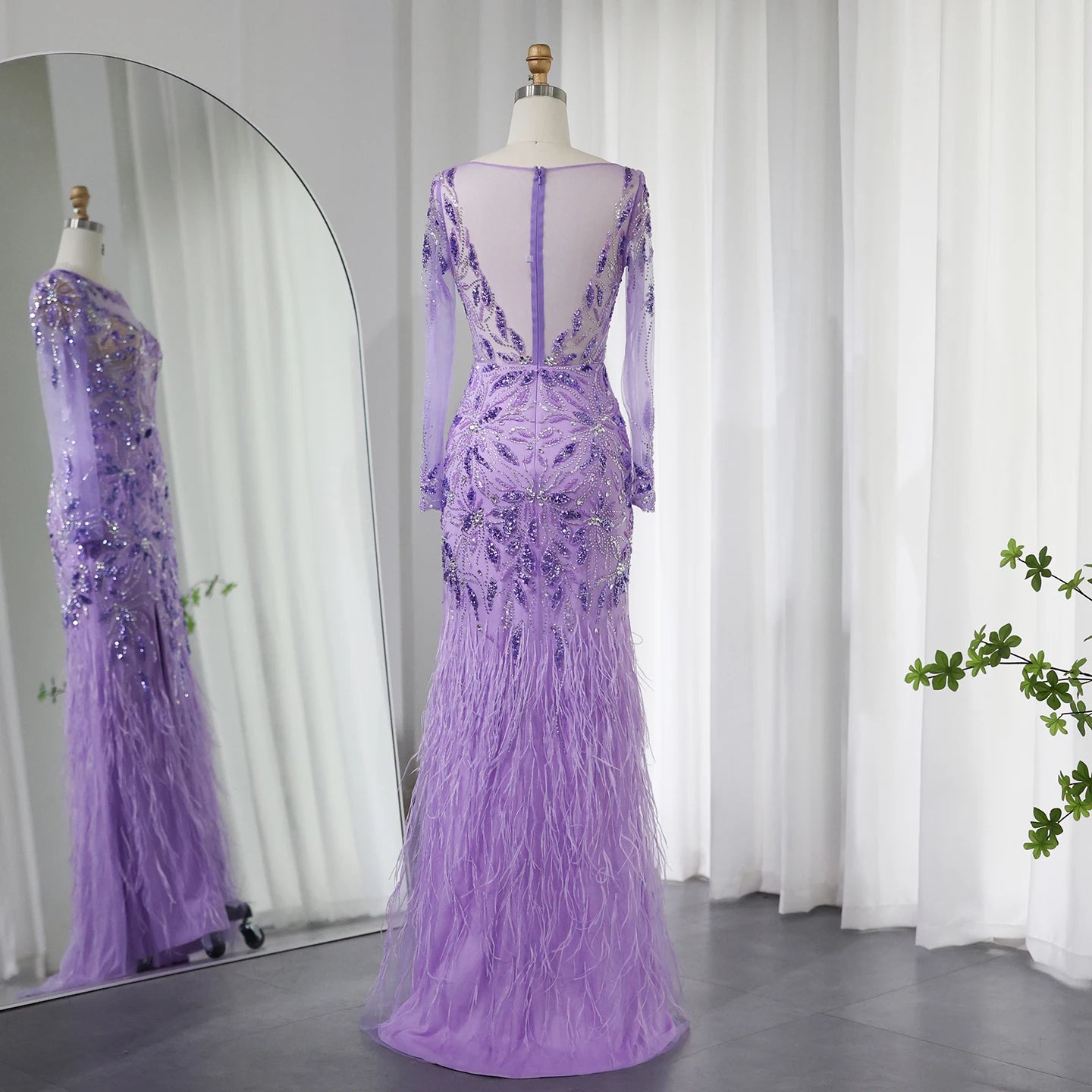 Luxury Feathers Evening Dresses for Women Wedding Elegant Long Sleeves Mermaid Prom Party Gowns - Image 15
