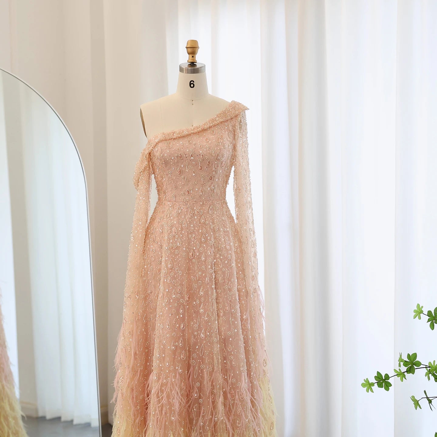 Luxury Feather One Shoulder Evening Dresses with Cape Sleeves Rose Gold Lilac Women Wedding Party Gowns - Image 6