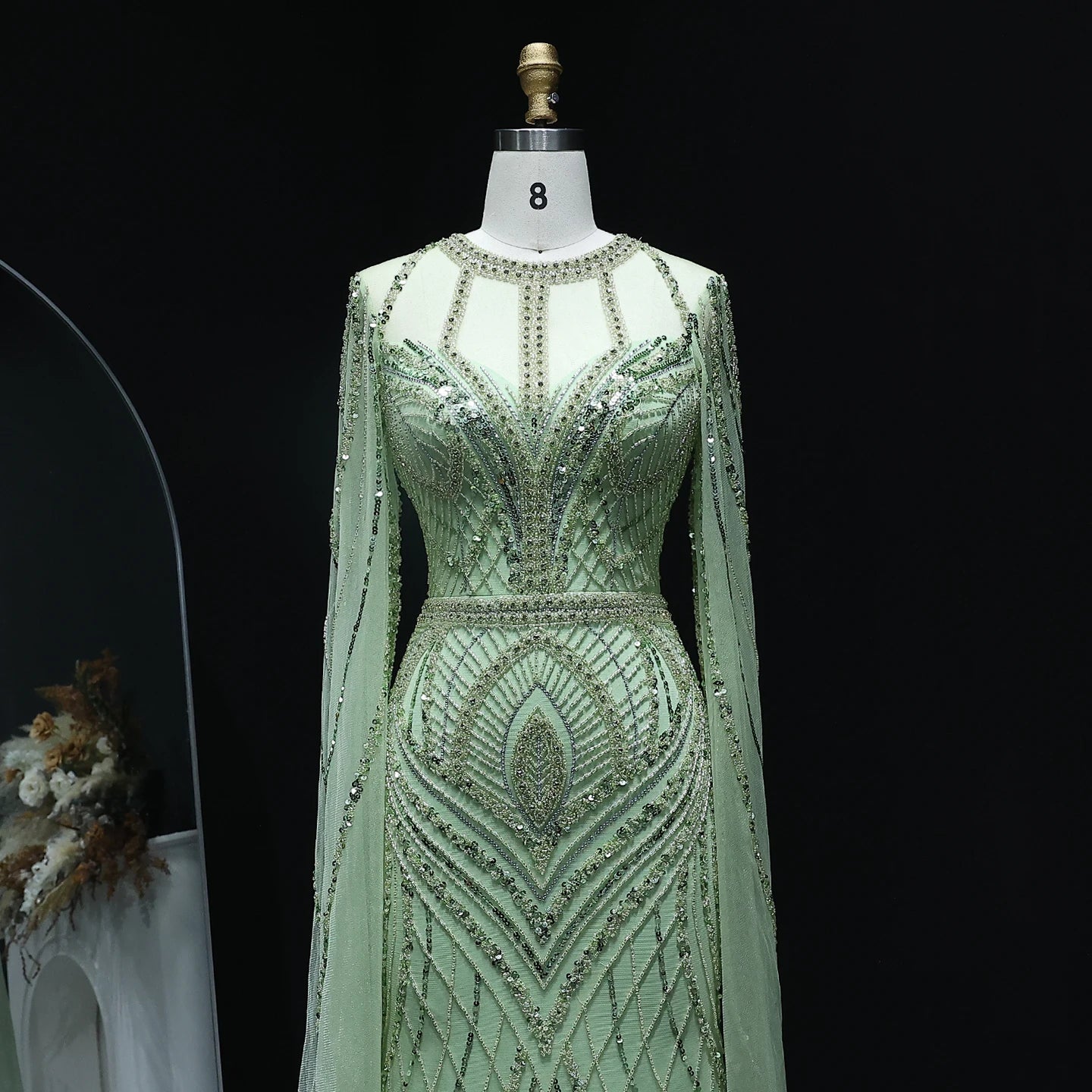 Luxury Green Mermaid Evening Dress with Cape Sleeves Caramel Women Wedding Party Gowns Customized - Image 3