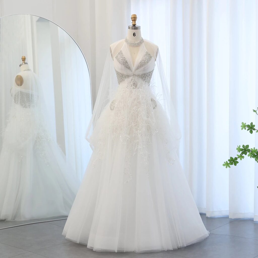 Luxury Feathers Ball Gown White Evening Dresses with Cape Sleeves for Wedding Party Dresses