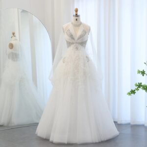 Luxury Feathers Ball Gown White Evening Dresses with Cape Sleeves for Wedding Party Dresses