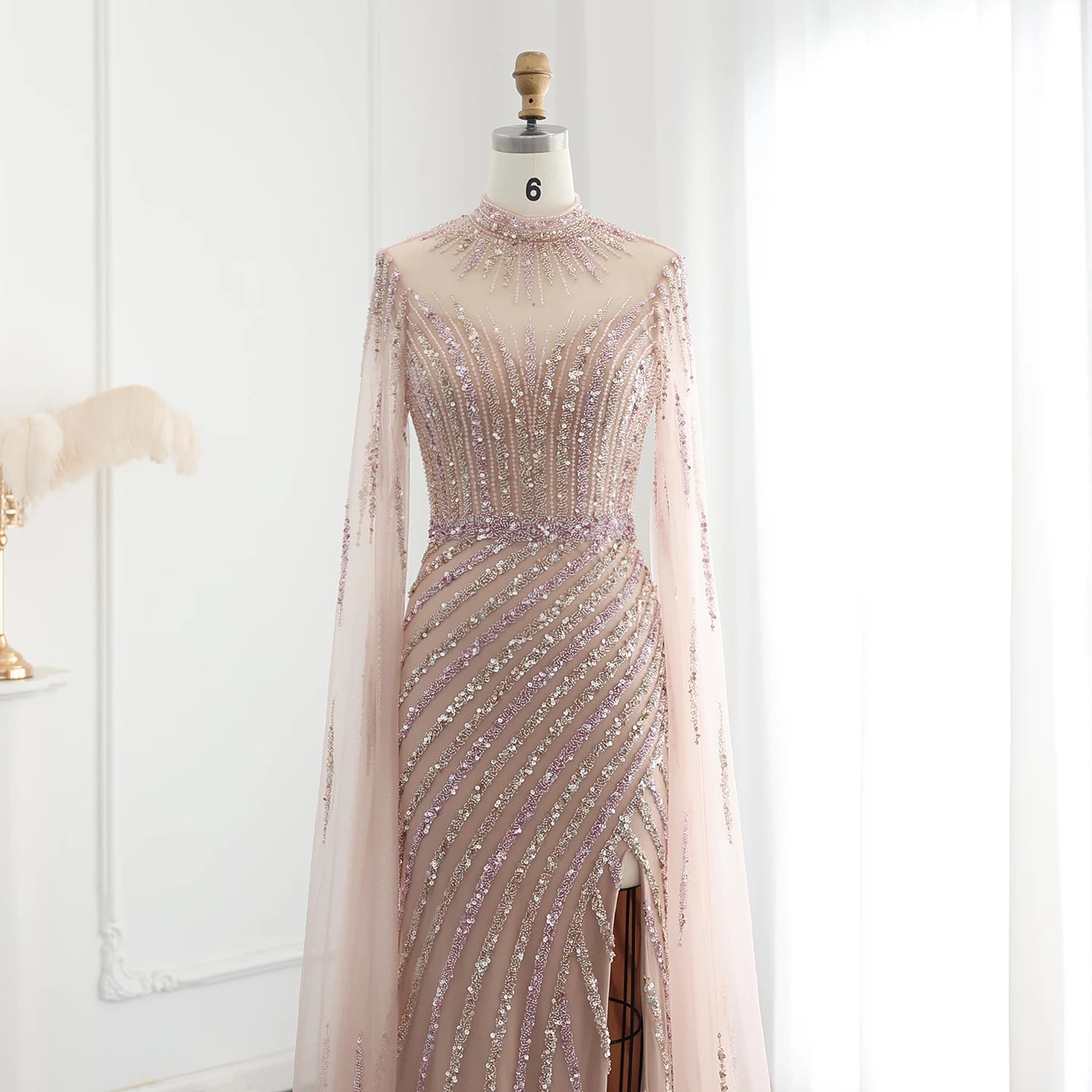 Luxury Beaded Mermaid Nude Evening Dress with Cape Sleeve One Shoulder Side Slit Women Wedding Party Gown - Image 3