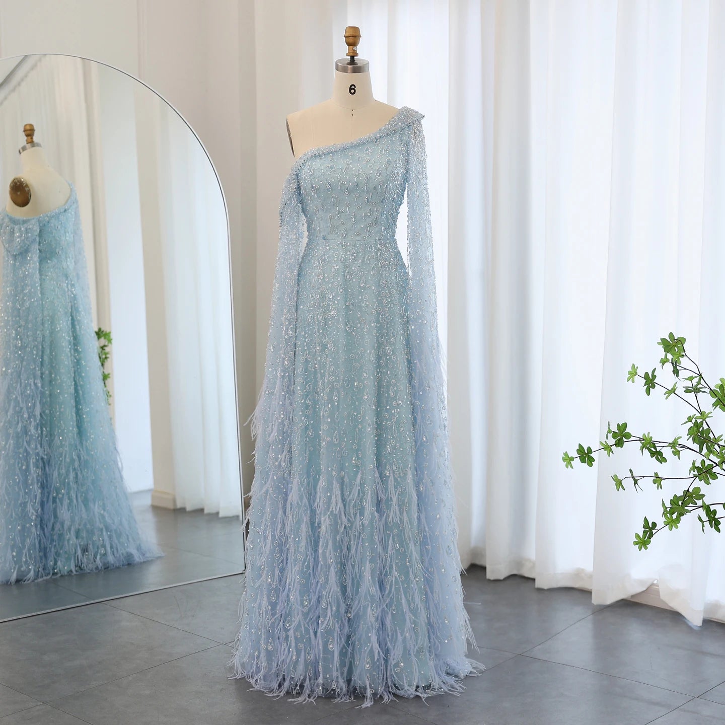Luxury Feather One Shoulder Evening Dresses with Cape Sleeves Rose Gold Lilac Women Wedding Party Gowns - Image 12