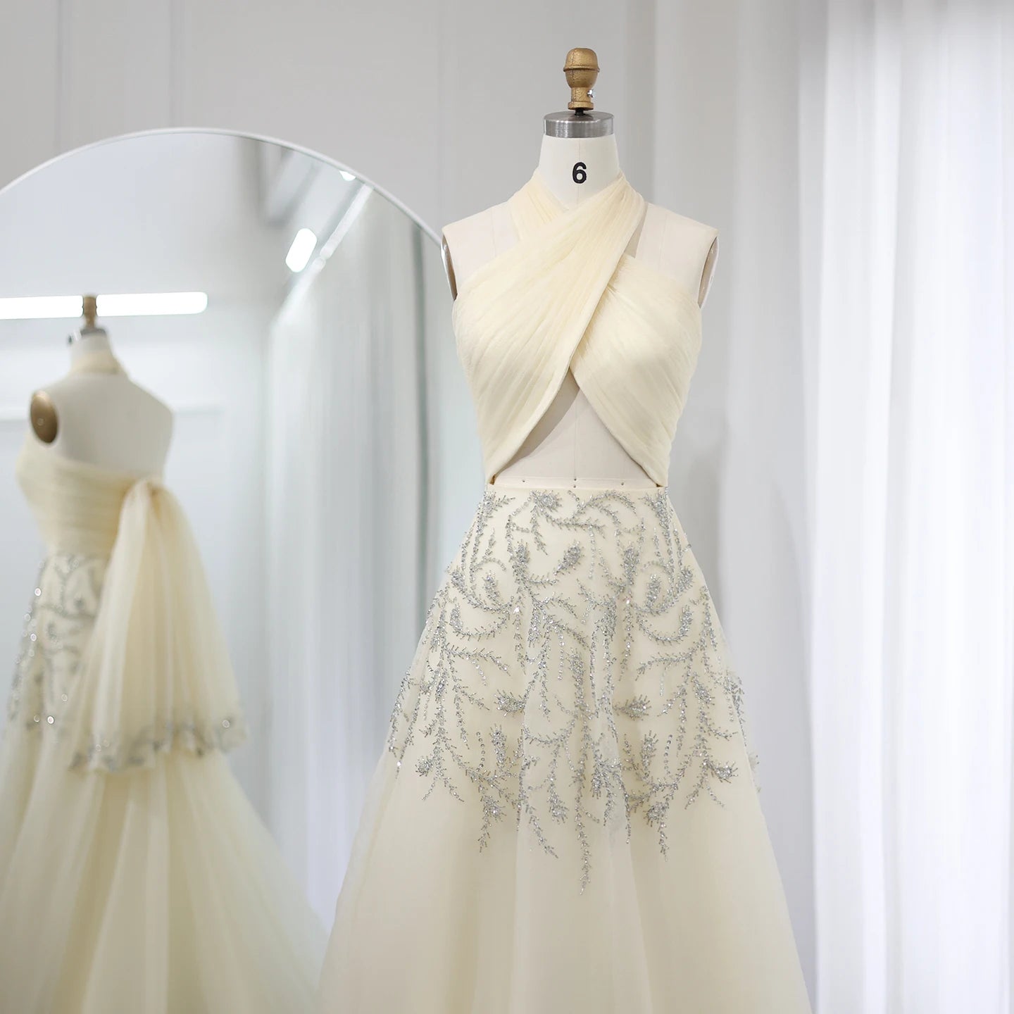 Halter Beige Evening Dress for Women Wedding Luxury Crystal Long Prom Party Dresses - Image 2