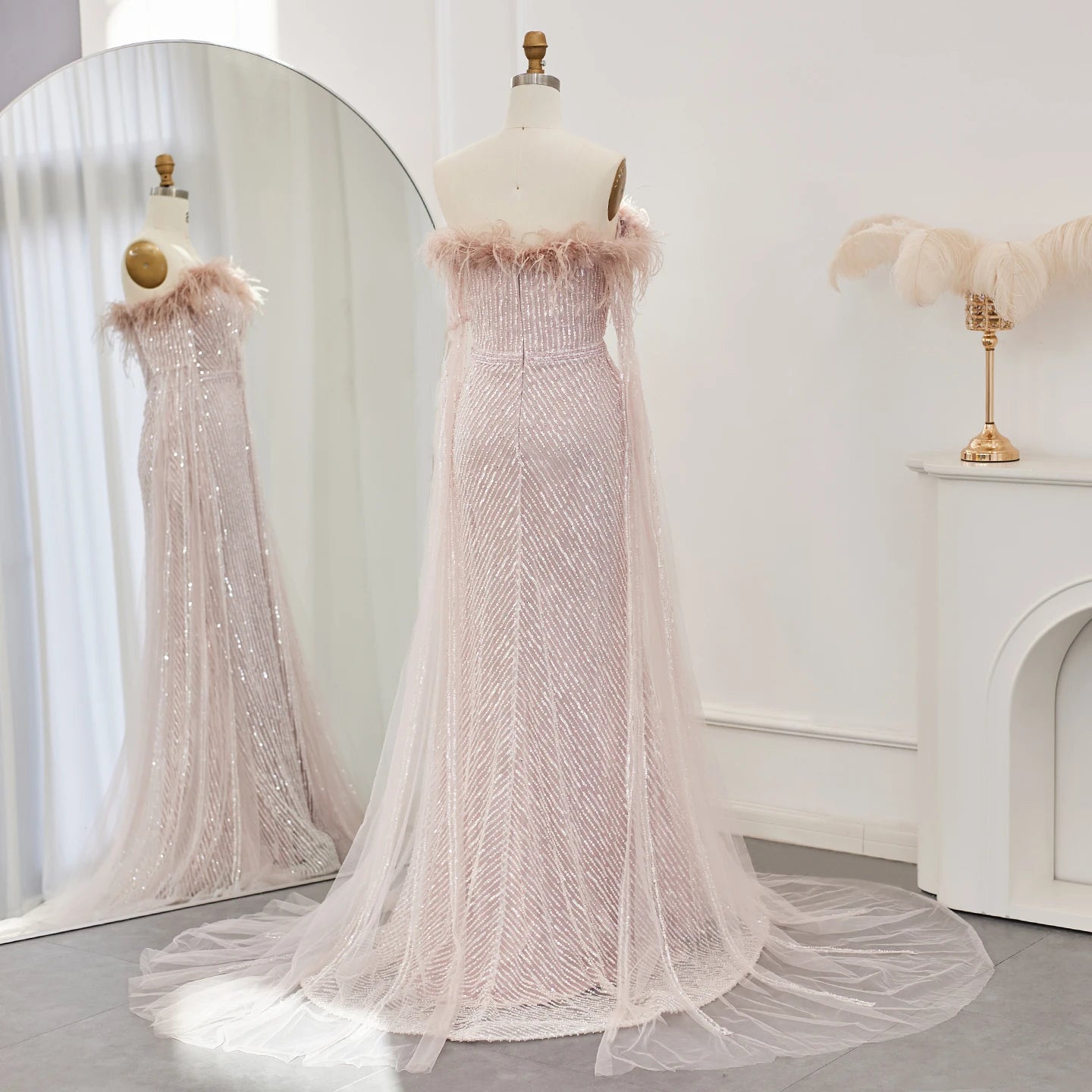 Luxury Feathers Mermaid Sage Green Evening Dresses with Cape Sleeves Pink Yellow Wedding Party Gowns - Image 22