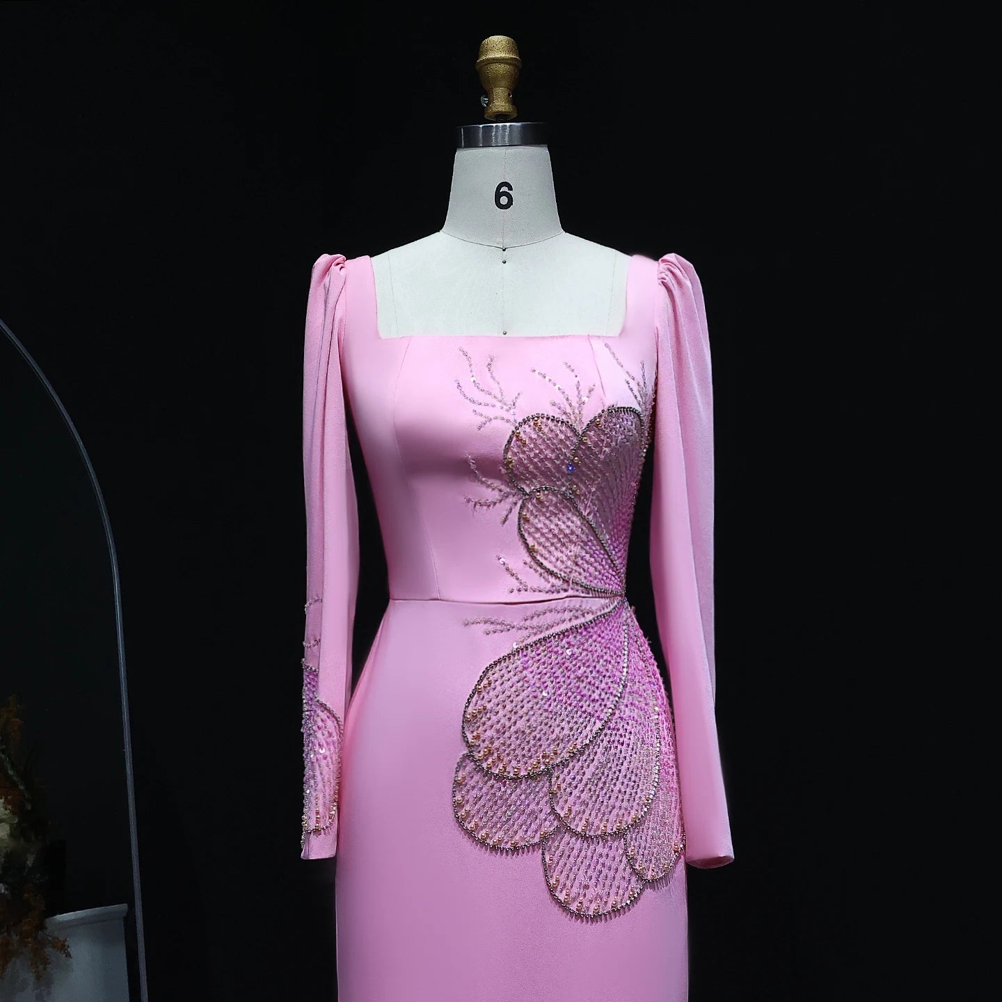 Elegant Pink Beaded Luxury Evening Dress Long Sleeves for Women Wedding Party Square Neckline - Image 2