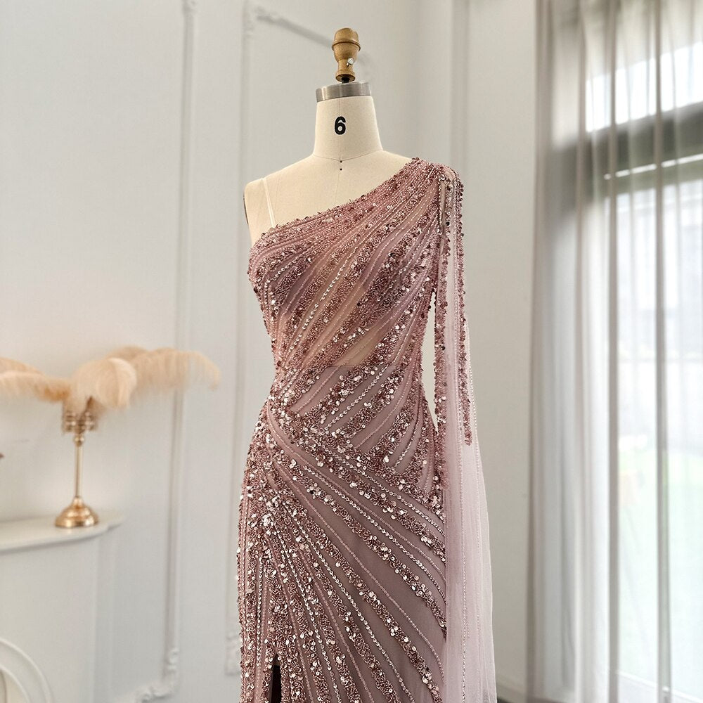 Luxury One Shoulder Mermaid Evening Dresses with Cape Sleeve Side Slit Wedding Party Gowns - Image 10