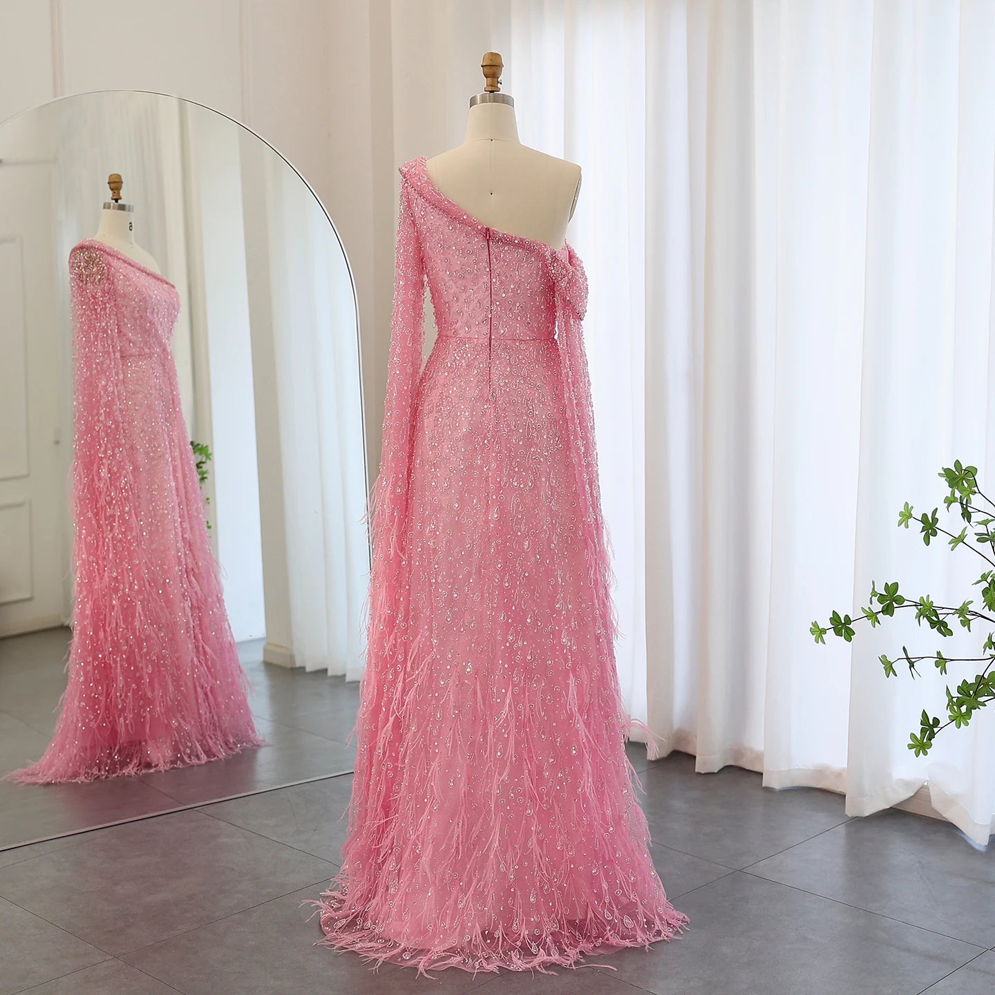 Luxury Feather One Shoulder Evening Dresses with Cape Sleeves Rose Gold Lilac Women Wedding Party Gowns - Image 31