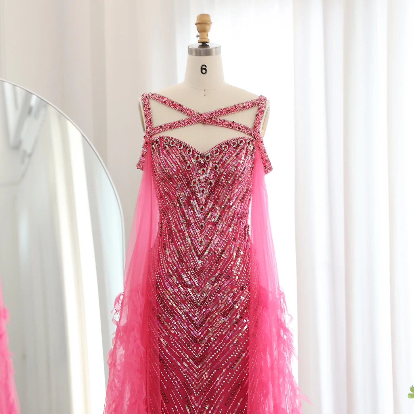 Fuchsia Mermaid Evening Dresses with Cape Sleeves Luxury Turquoise Women Wedding Party Dress - Image 11