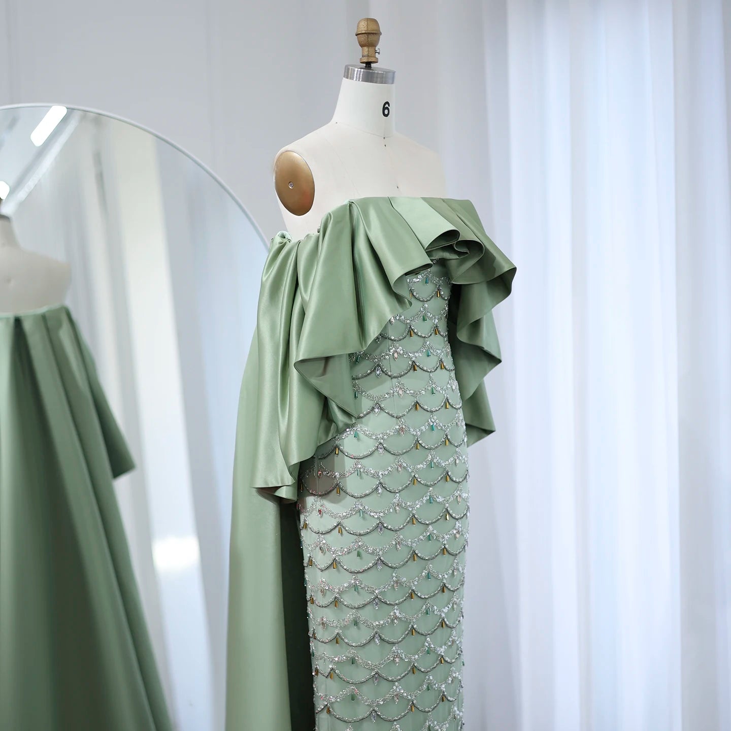 Sage Green Luxury Evening Dresses with Cape Lilac Beaded Women Wedding Party Dress - Image 6