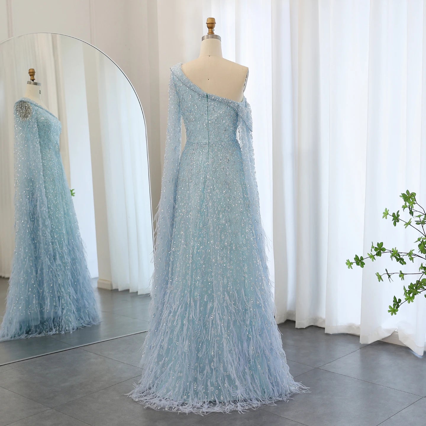 Luxury Feather One Shoulder Evening Dresses with Cape Sleeves Rose Gold Lilac Women Wedding Party Gowns - Image 18