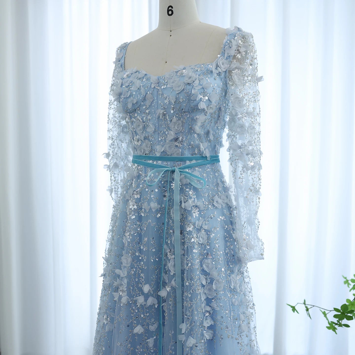 Luxury 3D Flower Gray Long Sleeves Evening Dresses for Women Wedding Party Elegant A-line Formal Gowns - Image 8
