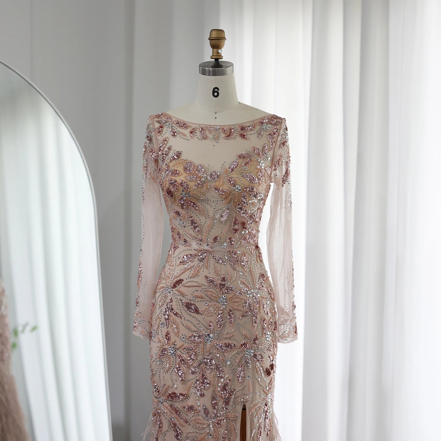 Luxury Feathers Evening Dresses for Women Wedding Elegant Long Sleeves Mermaid Prom Party Gowns - Image 5