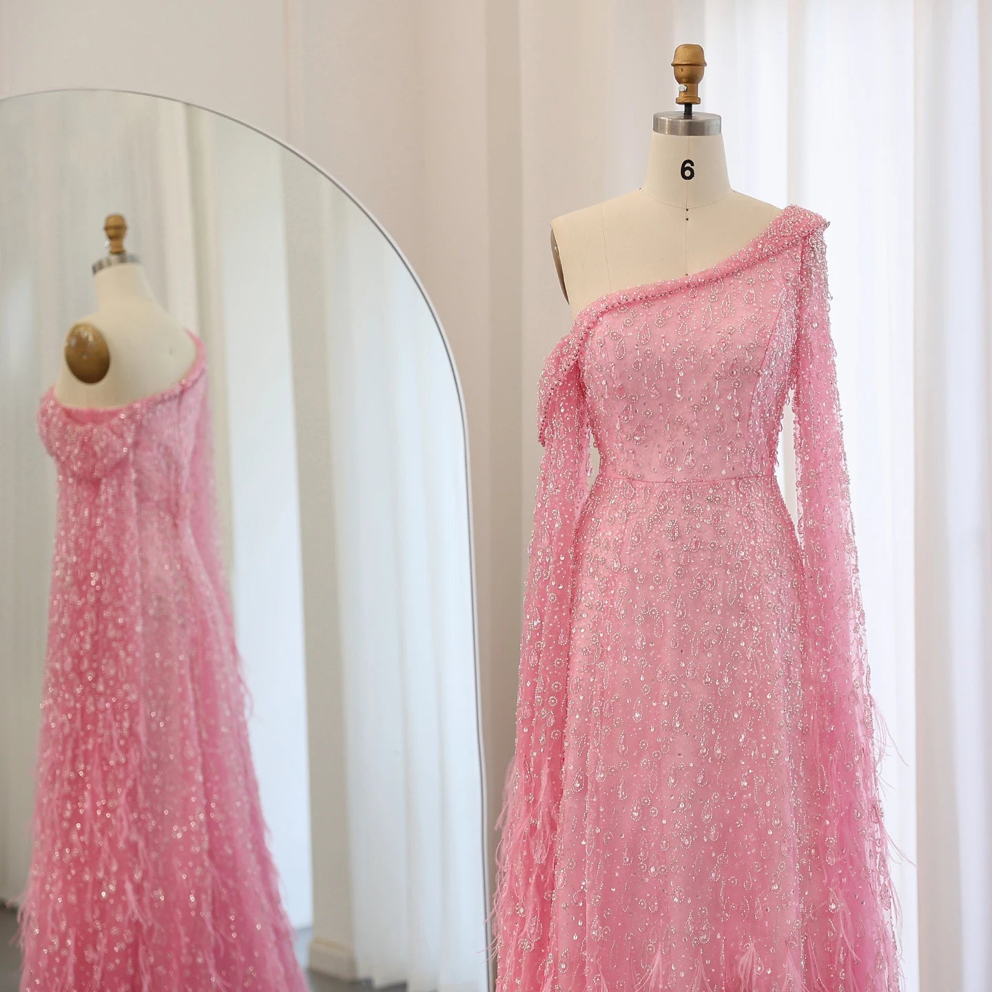 Luxury Feather One Shoulder Evening Dresses with Cape Sleeves Rose Gold Lilac Women Wedding Party Gowns - Image 26