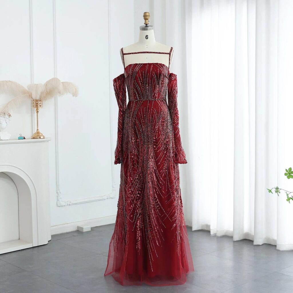 Navy Blue Evening Dress with Long Sleeves 2024 Luxury Beaded Women Wedding Guest Party Gowns