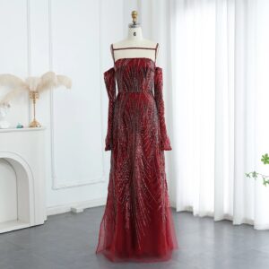 Navy Blue Evening Dress with Long Sleeves 2024 Luxury Beaded Women Wedding Guest Party Gowns